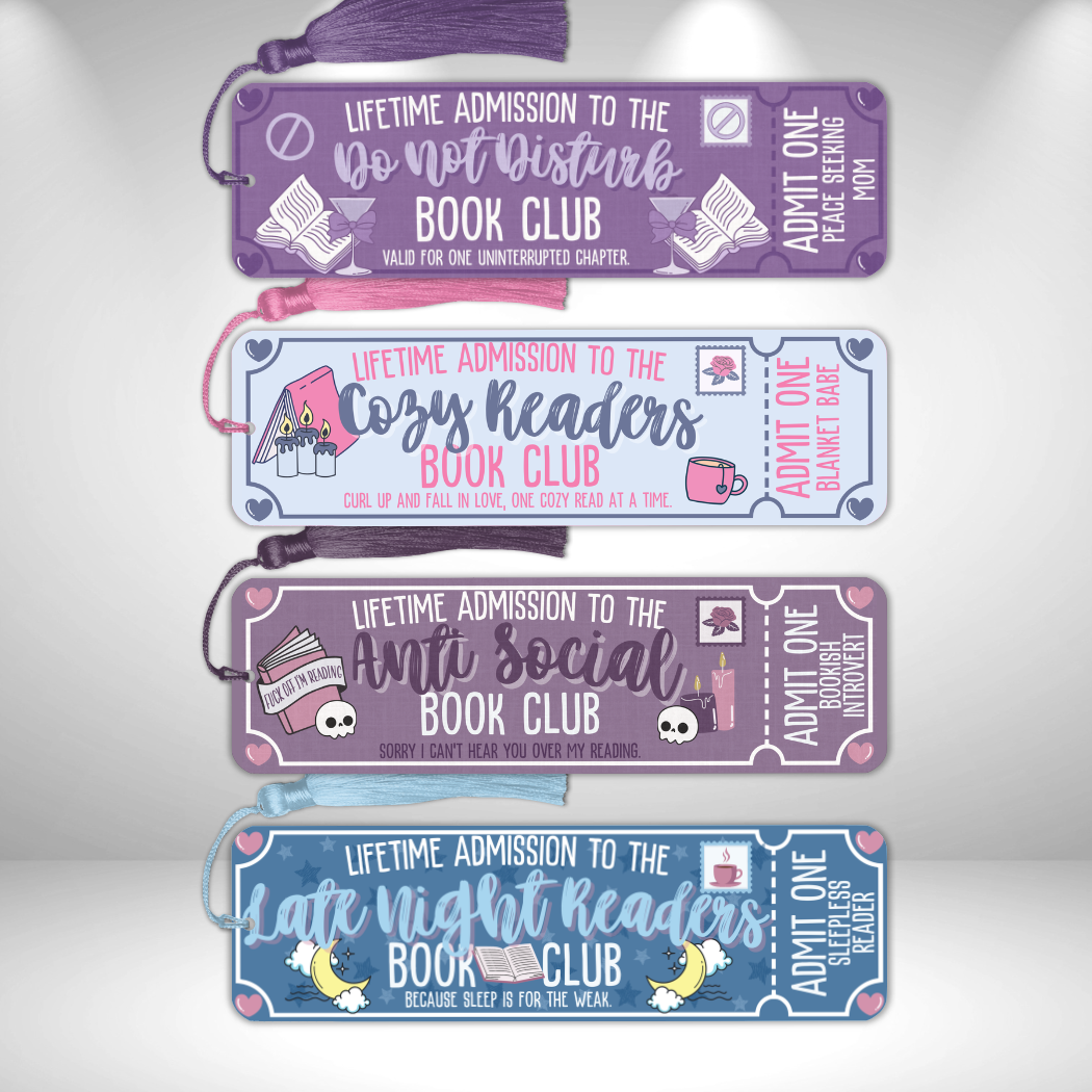 DND, Cozy Reader, Anti Social, Late Night Reader Book Club Tickets Metal Bookmarks