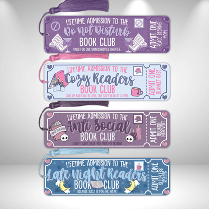 DND, Cozy Reader, Anti Social, Late Night Reader Book Club Tickets Metal Bookmarks