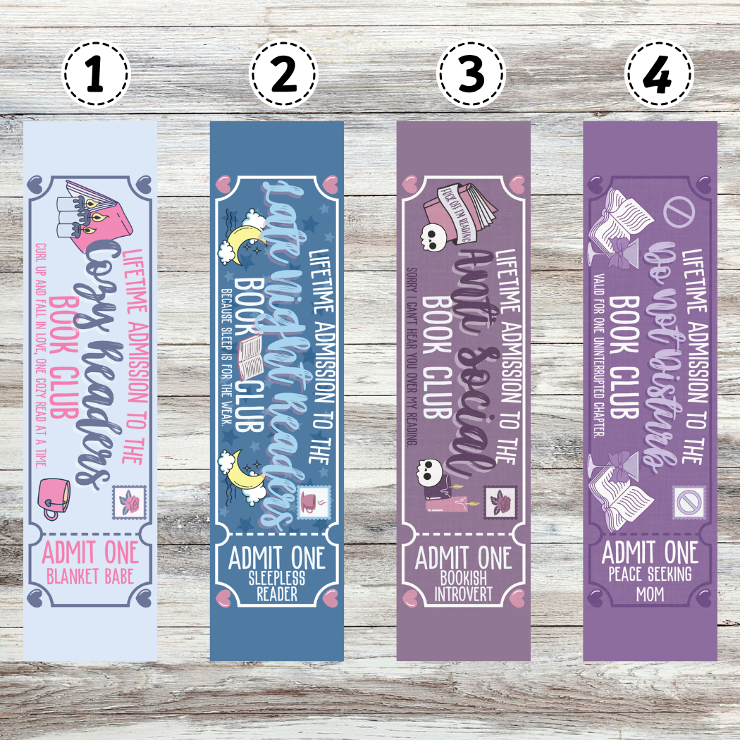 DND, Cozy Reader, Anti Social, Late Night Reader Book Club Tickets Metal Bookmarks