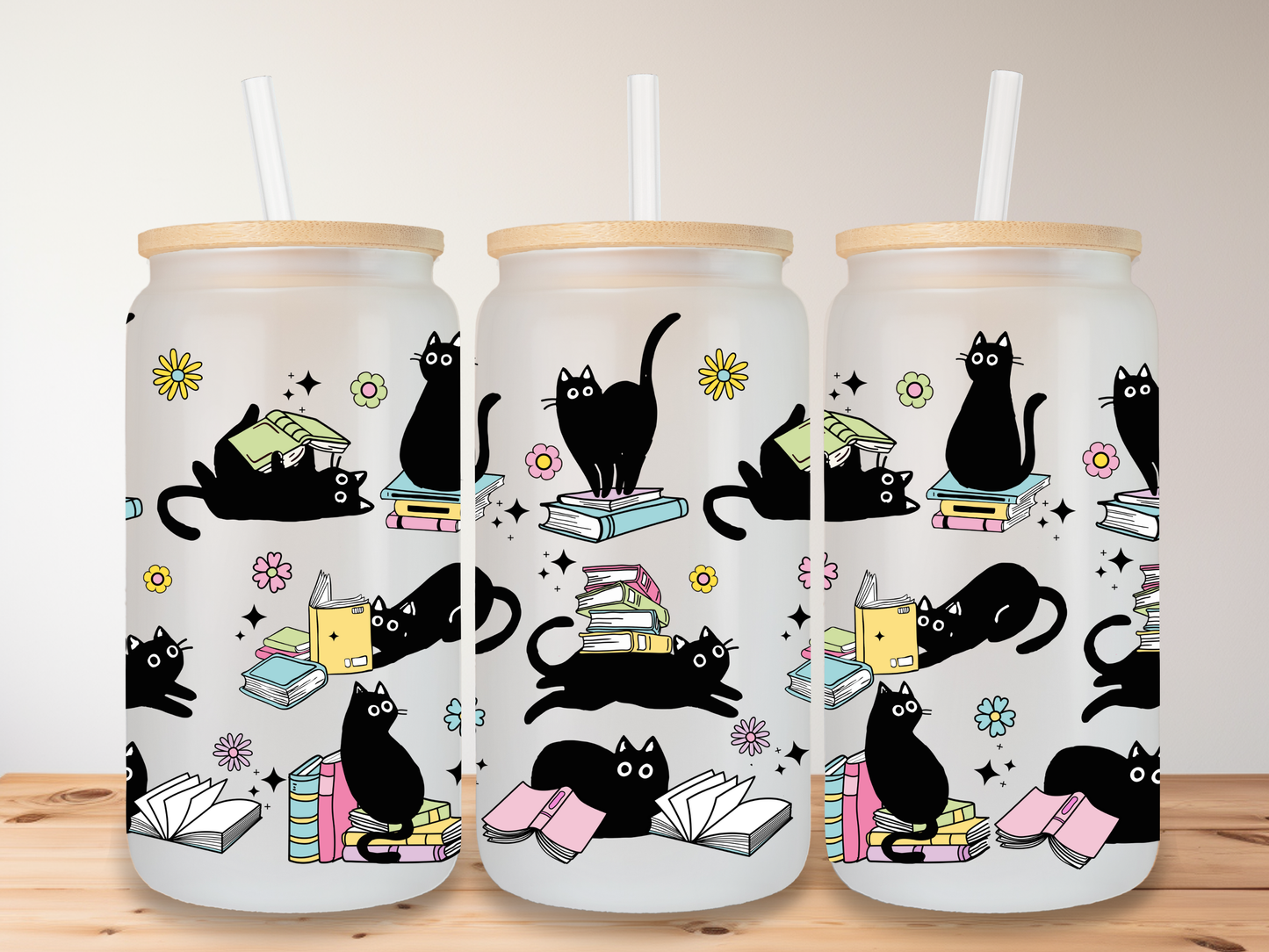 Black Cats with Books 16oz Glass Can